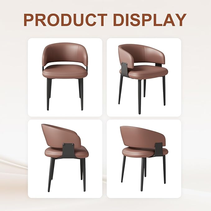 Modern Dining Chairs Set of 4, Faux Leather Upholstered Kitchen Chairs with Curved Back and Metal Legs, Mid Century Chairs for Dining Room, Kitchen, or Café (Brown)