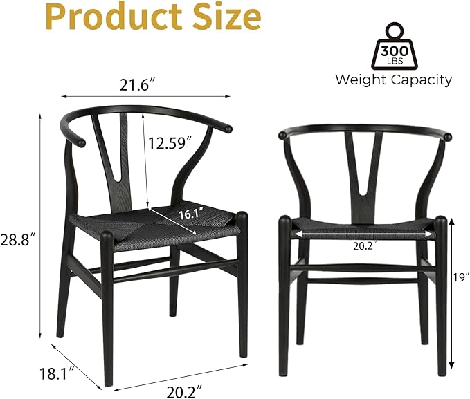 Wishbone Chair Natural Solid Wood Dining Chair/Hans Vegner Y Chair Rattan and Wood Accent Armrest Chairs Set of 4 (Ash Wood - Black)