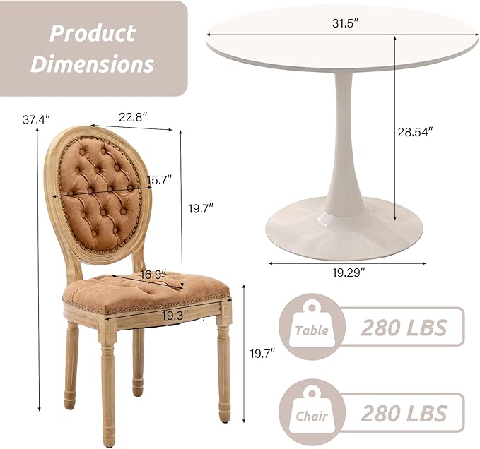 SoarFlash Kitchen Table and Chairs for 2, 31.5" Dining Table Set for 2 with French Dining Chairs, 3 Piece Round Kitchen Table Set, Dining Room Table Set for Small Space, Apartment