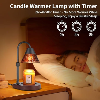 Dimmable Candle Warmer Lamp with Timer, Electric Wax Melt Warmer for Scented Jar Candles Adjustable Height Mothers Day Birthday Gifts for Women Mom Grandma, Home Offices Decor Light(Brown Glass)