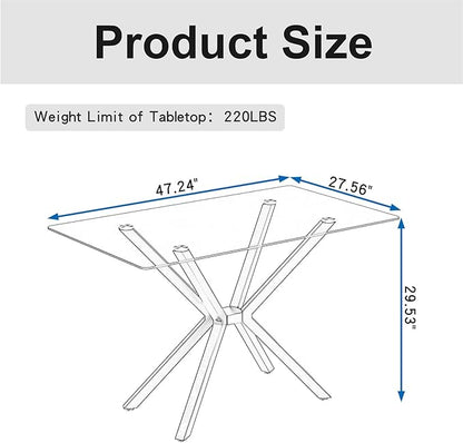 47'' Modern Glass Dining Table for 2-4 People, Rectangular Dining Room Table with Black Metal Legs, Clear Tempered Glass Top Dining Table for 4, Cpmpact Dinner Kitchen Table for 4