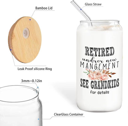 Grandma Retired Glass Cup with Lids and Straws 14oz, Best Retirement Gifts for Grandma, Mother's Day Gifts for Grandmother Glass Iced Coffee Tumbler Drinking Jars with Cleaning Brush