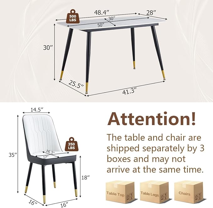 50'' Dining Table Set for 4, Dining Room Sets for 4, Sintered Stone Dining Table Chairs Set of 4, Easy to Assemble，Suitable for Small Spaces