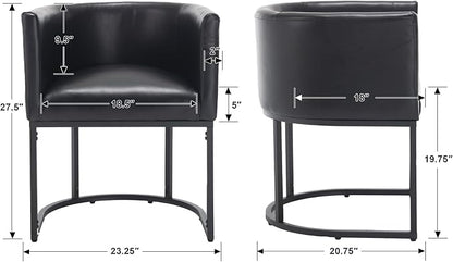 Faux Leather Dining Chair Modern Barrel Arm Chairs with Black Metal Frame, Upholstered Kitchen Chairs 18.5" Wide Accent Chair for Living Room Dining Room Restaurant, Black
