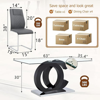 63'' Glass Dining Table Set for 4, Kitchen Table Chairs Set of 4, Clear Glass Dining Table with Black unique design Leg and Silver Metal Base, 4 PU Dining Chairs with Metal Legs, Living Room, Kitchen.