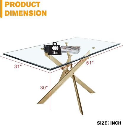 51-Inch Glass Dining Room Table for 4-6 People, Modern Rectangular Kitchen Dining Table with Gold Cross-Shape Stainless Steel Legs for Apartment Kitchen Dining Room