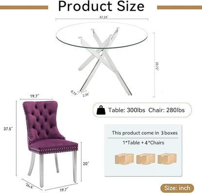 Goujxcy 5 Piece Round Glass Dining Table Set for 4, 47" Round Dining Table & Chair Set Modern Circle Glass Kitchen Table and 4 Velvet Upholstered Chairs for Kitchen Dining (Silver & Pueple Chair)
