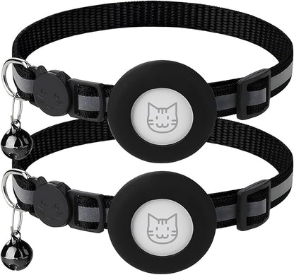 2 Pack Airtag Cat Collar with Bell, Reflective Nylon Kitten Collar with Apple Air Tag Holder and Breakaway Safety Buckle for Puppy Girl Boy Cats, 3/8" in Width and Lightweight, Black
