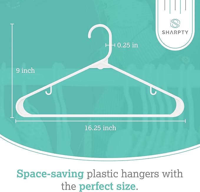 Sharpty Plastic Hangers Clothes Hangers for Clothing, Closet, Coats & Shirts - Durable, Thick, Tough & Space Saving - for Everyday Standard Use, Room Essentials & Basics - 20 Pack - White