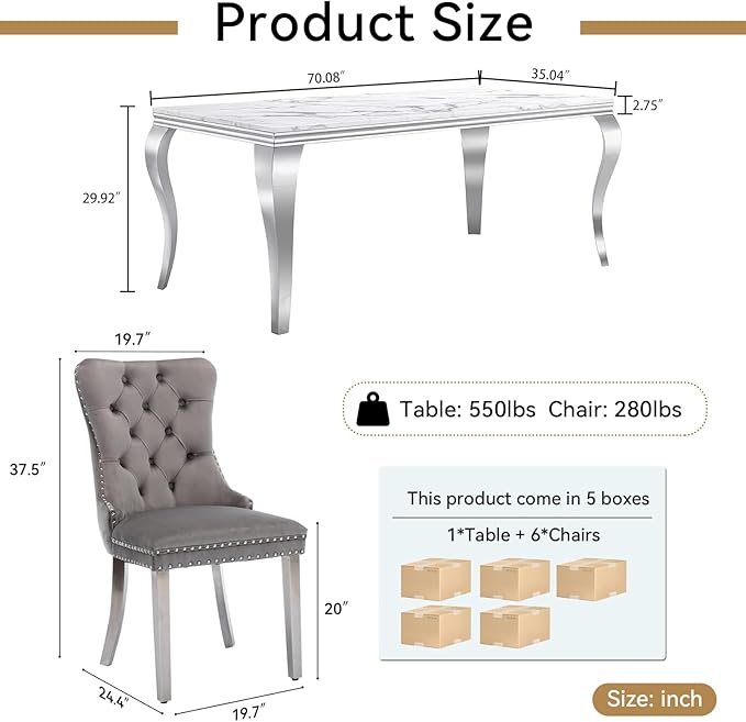 Goujxcy 70" Marble Dining Table Set for 6, Modern 7 Piece Dining Room Table Set with White Faux Marble Dining Table & 6 Grey Velvet Upholstered Chairs, Luxury Silver Kitchen Table Chairs Set of 6