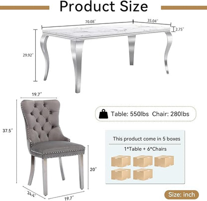 Goujxcy 70" Marble Dining Table Set for 6, Modern 7 Piece Dining Room Table Set with White Faux Marble Dining Table & 6 Grey Velvet Upholstered Chairs, Luxury Silver Kitchen Table Chairs Set of 6