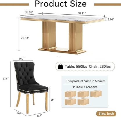 68" Faux Marble Dining Table Set for 6, 7-Piece Dining Set with White Gold Kitchen Table and 6 Velvet Tufted Chairs, Modern Rectangular Dining Room Tables with Column-Shape Stainless Steel Base