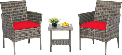 FDW | 3-Piece Patio Furniture Set | Gray & Red | Outdoor Wicker Furniture with Coffee Table | Modern Rattan Chairs Conversation Set | Outdoor Seating | Weather-Resistant | for Porch, Garden, Lawn