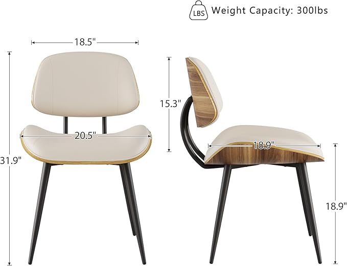 Mid Century Modern Dining Chairs Set of 2, PU Leather Armless Kitchen Chairs with Walnut Bentwood Back & Metal Legs, Sturdy Retro Accent Chairs for Dining Room, Living Room, Beige