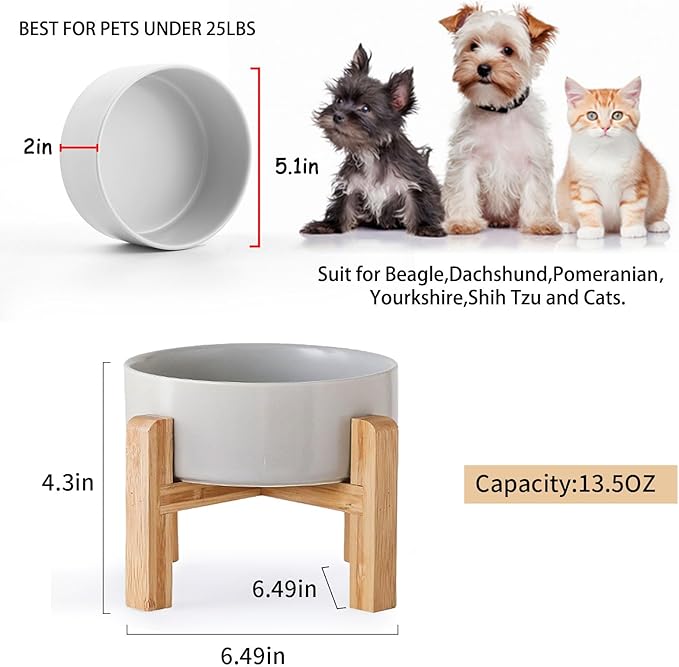 Petygooing Grey Elevated/Raised Ceramic Dog Bowl for Small Breeds, Dog Food Water Dish with Stand,Pet Feeding Bowl with Anti Slip Rubber for Cats and Small Dogs Puppy 13.5 OZ (5.1In / 1.7 Cups)