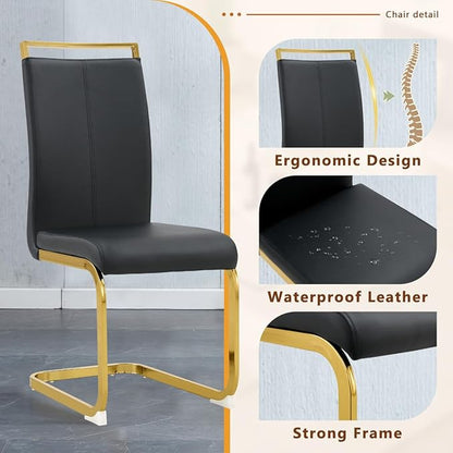 63'' Glass Dining Table Set for 4, Kitchen Table Chairs Set of 4, Clear Glass Dining Table with Black unique design Leg and Gold Metal Base, 4 PU Dining Chairs with Metal Legs, Living Room, Kitchen.