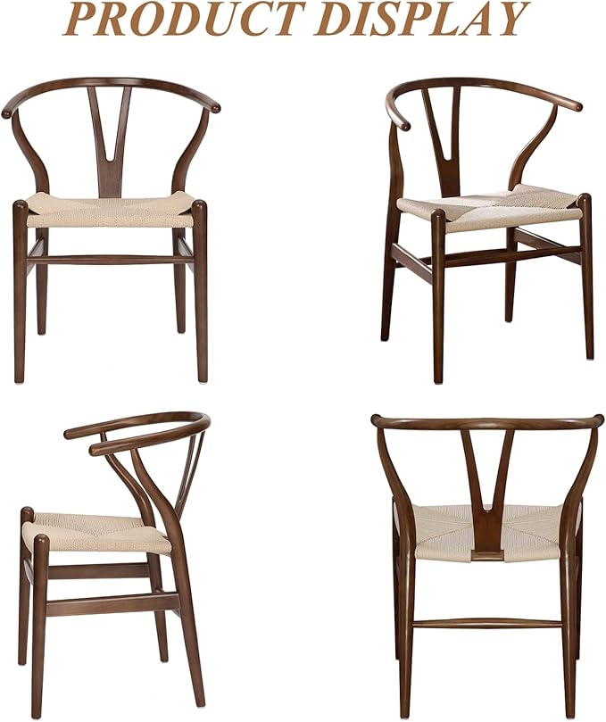 Wishbone Chair Natural Solid Wood Dining Chair/Hans Vegner Y Chair Rattan and Wood Accent Armrest Chairs (Ash Wood - Walnut 2 Chairs)