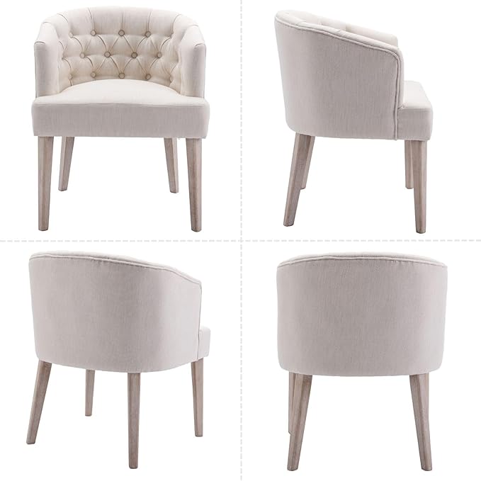 DUOMAY Modern Tufted Dining Chairs Set of 2, Linen Upholstered Side Chair, Comfy Accent Barrel Chair with Wood Legs for Home Kitchen Dining Room Living Room Restaurant, White