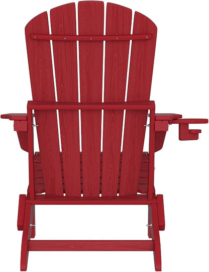 Plawdlik Folding Adirondack Chair Set of 4, SGS Tested, Wooden Textured with Cup Holder, Heavy All-Weather HDPE Comfortable Set Poolside Backyard Lawn,Red
