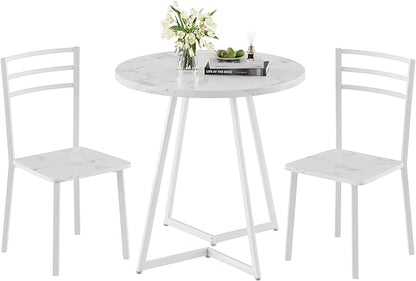 VECELO Small Round Dining Table Set for 2, Wood Tabletop with Strong Metal Frame, Modern Dinette with Chairs for Kitchen, Breakfast Nook Living Room, Faux Marbled & White