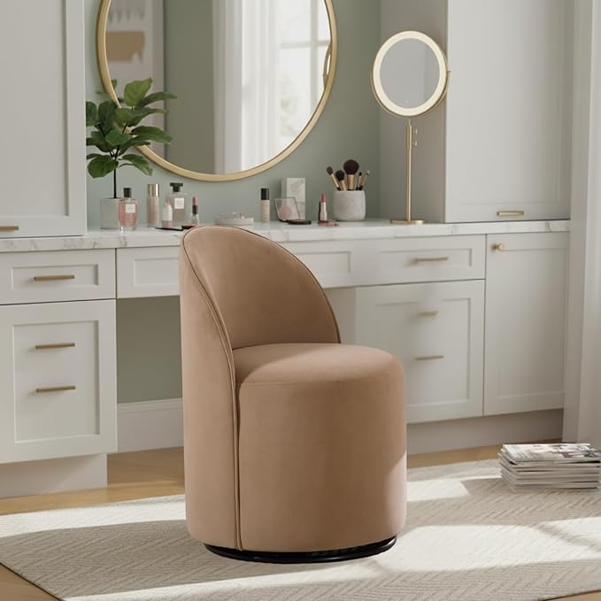 Modern Barrel Chair Swivel Base Khaki Accent Chair 360°Rotating Vanity Chair Mid-Century Dining Side Chair Kitchen Chair for Living Room, Bedroom, Home, Office, Kitchen