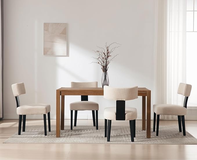 Modern Upholstered Dining Chairs Set of 4, Mid Back, Farmhouse Beige Dining Room & Kitchen Chairs, Black Wood Armless Side Chair for Living Room/Home Office/Reception