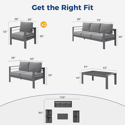 Wisteria Lane Aluminum Outdoor Patio Furniture Set,7 Seats Modern Patio Conversation Sets, Outdoor Sectional Metal Sofa with 5 Inch Cushion and Coffee Table for Balcony, Garden, Dark Grey