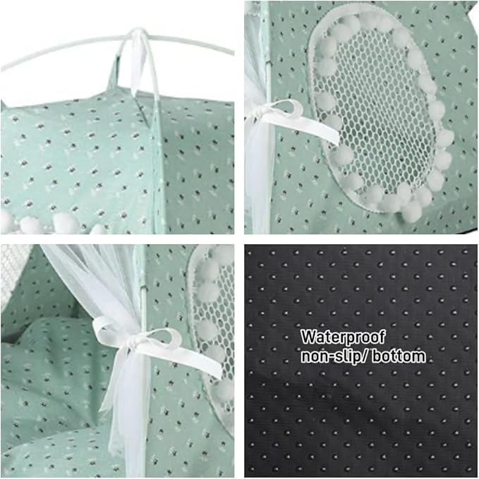 Cat Bed Tents Dog House Indoor Outdoor Lace Mesh Breathable Windows Door Curtains Removable Portable Nest Teepe House (Medium,Mint&White)