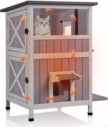 GUTINNEEN 2-Story Insulated Cat House Outdoor Large Weatherproof Outside Feral Cat Shelter Wooden Elevated Kitty Condo with Openable Roof, 2 Large Side Doors (Winter-Ready, 28" L x 22.8" D x 34.4" H)