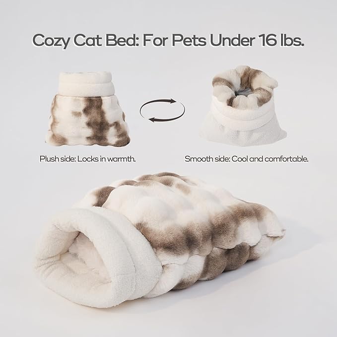 Cat Sleeping Bags for Indoor Cats Self Warming Cat Bed Fits up to 15 lbs Pets Soft Plush Warm Bed 360° Wrap Bag Washable Comfortable Pet Sleeping Bed 21" × 17" Coffee White