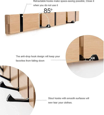 Wall Mounted Coat Rack with Foldable Hooks - Modern Space-Saving Wooden Entryway Organizer for Coats, Bags, Hats, Keys (4 Hooks, Natural Finish