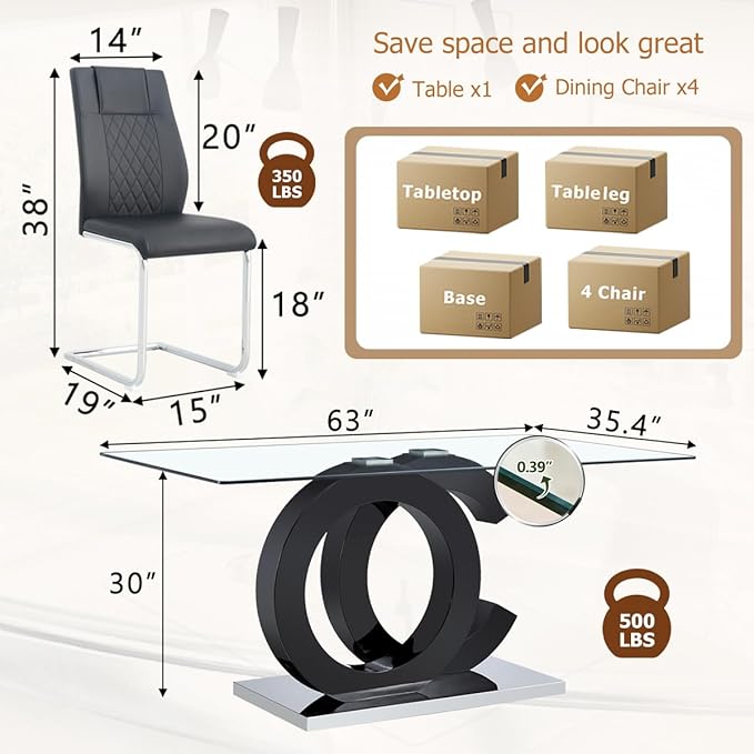 63'' Glass Dining Table Set for 4, Kitchen Table Chairs Set of 4, Clear Glass Dining Table with Black unique design Leg and Silver Metal Base, 4 PU Dining Chairs with Metal Legs, Living Room, Kitchen.