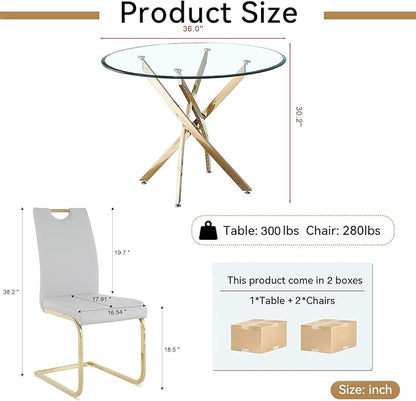 Goujxcy 3 Pieces Round Dining Table Set for 2, Modern Gold Glass Kitchen Table and Chairs for 2 with Upholstered Chairs, Circle Coffee Dining Table Set for Small Space,Apartment,Office