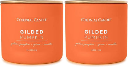 Colonial Candle Gilded Pumpkin Scented Jar Candle, Pop of Color Collection, 3 Wick, Orange, 14.5 oz - Up to 60 Hours Burn (Pack of 2)