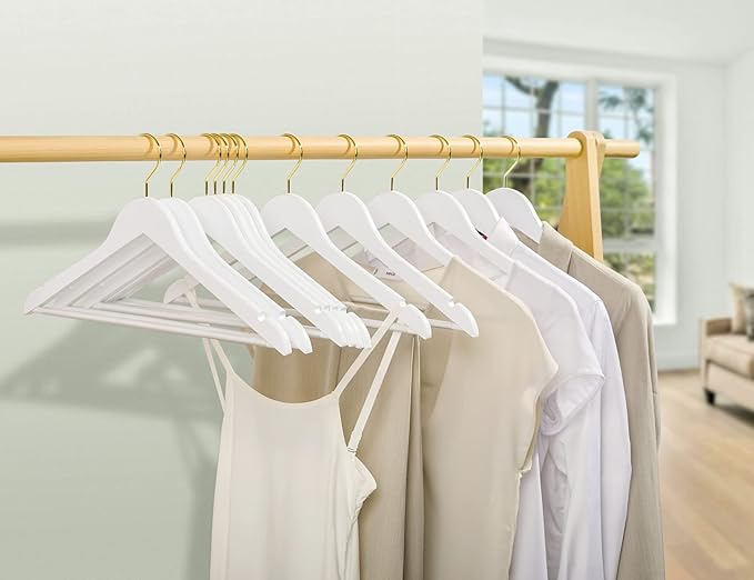 Amber Home 20 Pack Solid Wood Suit Coat Hangers, Smooth White Finish Wooden Dress Hangers with Non Slip Pant Bar, Clothes Hangers with Gold Hook & Notches for Jacket, Pant, Shirt (White+Gold, 20)