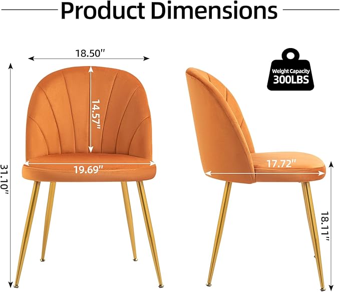 Velvet Dining Chairs Set of 4, Upholstered Mid Century Modern Dining Chairs, Armless Accent Chair with Metal Gold Legs for Living Room, Kitchen, Dining Room, Orange