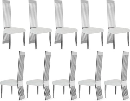 Upholstered Dining Chairs Set of 10, White and Silver Dining Room Chairs, Modern Luxury Chairs with High Back and Mirrored Silver Metal Legs for Kitchen Living Room Restaurant