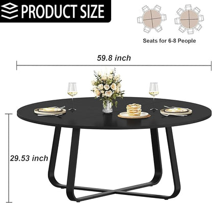 LVB Black Round Dining Table for 6 to 8, 60” Modern Wood Metal Kitchen Table, Industrial Large Dinner Room Table, Circle Dining Table for Home Gathering Living Room