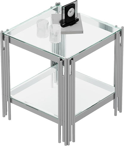 Goujxcy Modern Glass End Table Silver Sofa Side Table with Clear Glass Top and Mirror Stainless Steel Legs, Luxury Square Coffee Tea Table Bedside Tables for Living Room Bedroom, Silver