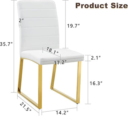 Modern Dining Chairs Set of 6, White Faux Leather Kitchen Chairs, Upholstered Armless Dining Room Chair with Gold Mental Legs Heavy Duty, Comfortable (White and Gold, Set of 6)