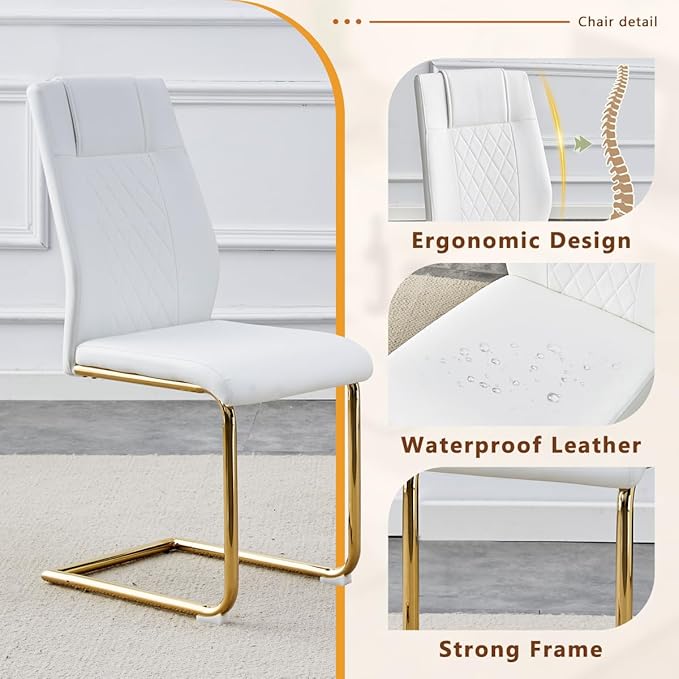 63'' Glass Dining Table Set for 4, Kitchen Table Chairs Set of 4, Clear Glass Dining Table with Black unique design Leg and Gold Metal Base, 4 PU Dining Chairs with Metal Legs, Living Room, Kitchen.