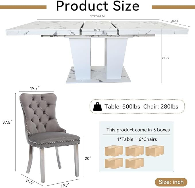 Goujxcy 7-Piece Extendable Dining Table Set for 6-8 People 63-78 Inch Kitchen Table Set with 6 Grey Upholstered Chairs Modern White Faux Marble Rectangular Dining Room Table Set for Kitchen Apartment