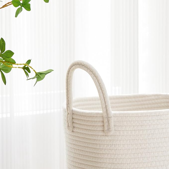 VIPOSCO Large Laundry Hamper, Tall Woven Rope Storage Basket for Blanket, Toys, Dirty Clothes in Living Room, Bathroom, Bedroom - 53L White