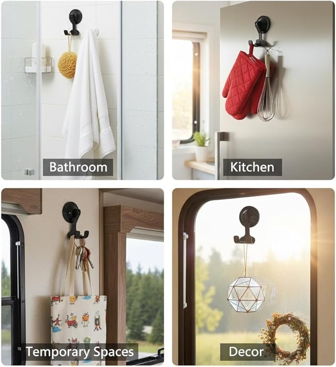 2-Pack Razor Holder for Shower with Suction Cup - Vacuum Wreath Hanger for Door, Wall, or Window, No Drill Adhesive Hook for Bathroom, Kitchen, Hotel - Black