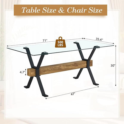 Glass Dining Table 71"｜Modern Dining Table for 6-8｜0.4" Thick Tempered Glass Top｜Matte Black Metal Legs｜Wooden Crossbar｜Easy Assembly｜Perfect for Dining Room or Kitchen