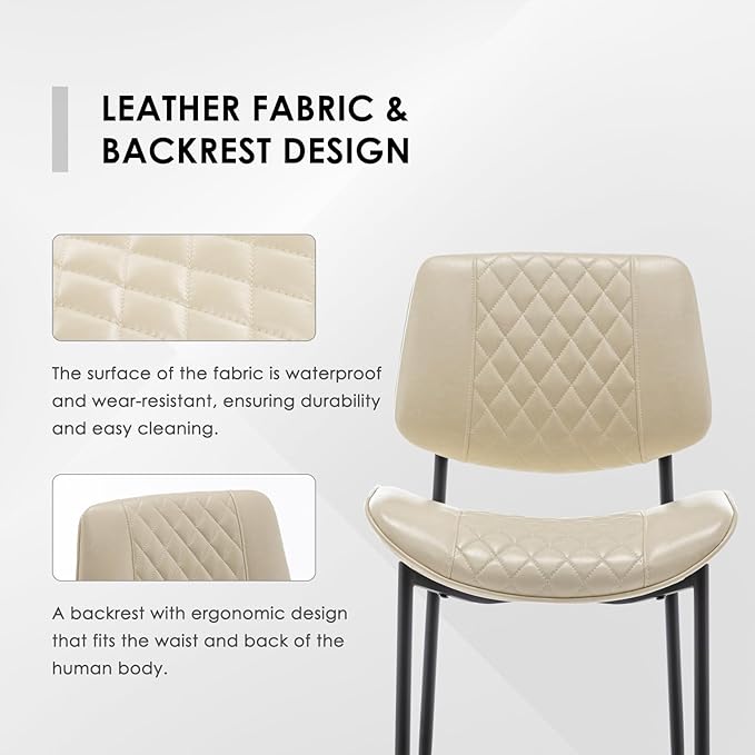Modern Dining Chairs Set of 2, Leather Dining Chair with Metal Legs, Upholstered Dining Room Chairs for Dining Room, Kitchen, Vanity (Beige)