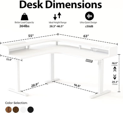 Agilestic L Shaped Standing Desk, Adjustable Height Corner Gaming Desk with Shelf, Sit Stand Up Desk, 63 x 55 Inch Home Office Computer Table, White