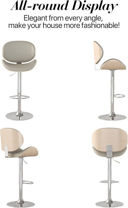 Adjustable Swivel Bar Stools 1 PC, Modern Bentwood Barstool with Large Metal Base and Footrest, PU Leather Upholstered Bar Chair with Curved Back for Kitchen Island Dining Room, Gray