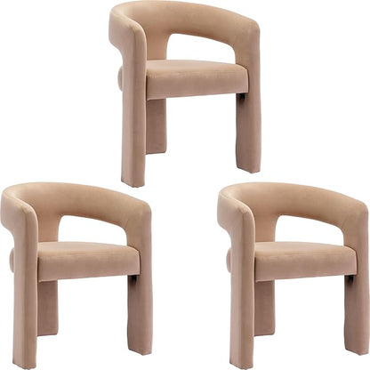 Set of 3 Modern Velvet Fabric Upholstered Dining Chairs with Open-Back, Cute Barrel Side Chairs Kitchen Armchair Accent Chairs for Dining Room Bedroom, Khaki