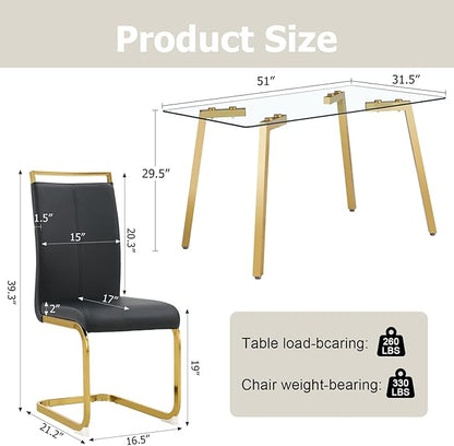 Dining Table Set of 4,51" Rectangle Tempered Glass Table Top with Golden Metal Legs,Kitchen Room Table with 4 Black Faux Leather Chairs,Dinner Tables Set for Dining Room Office